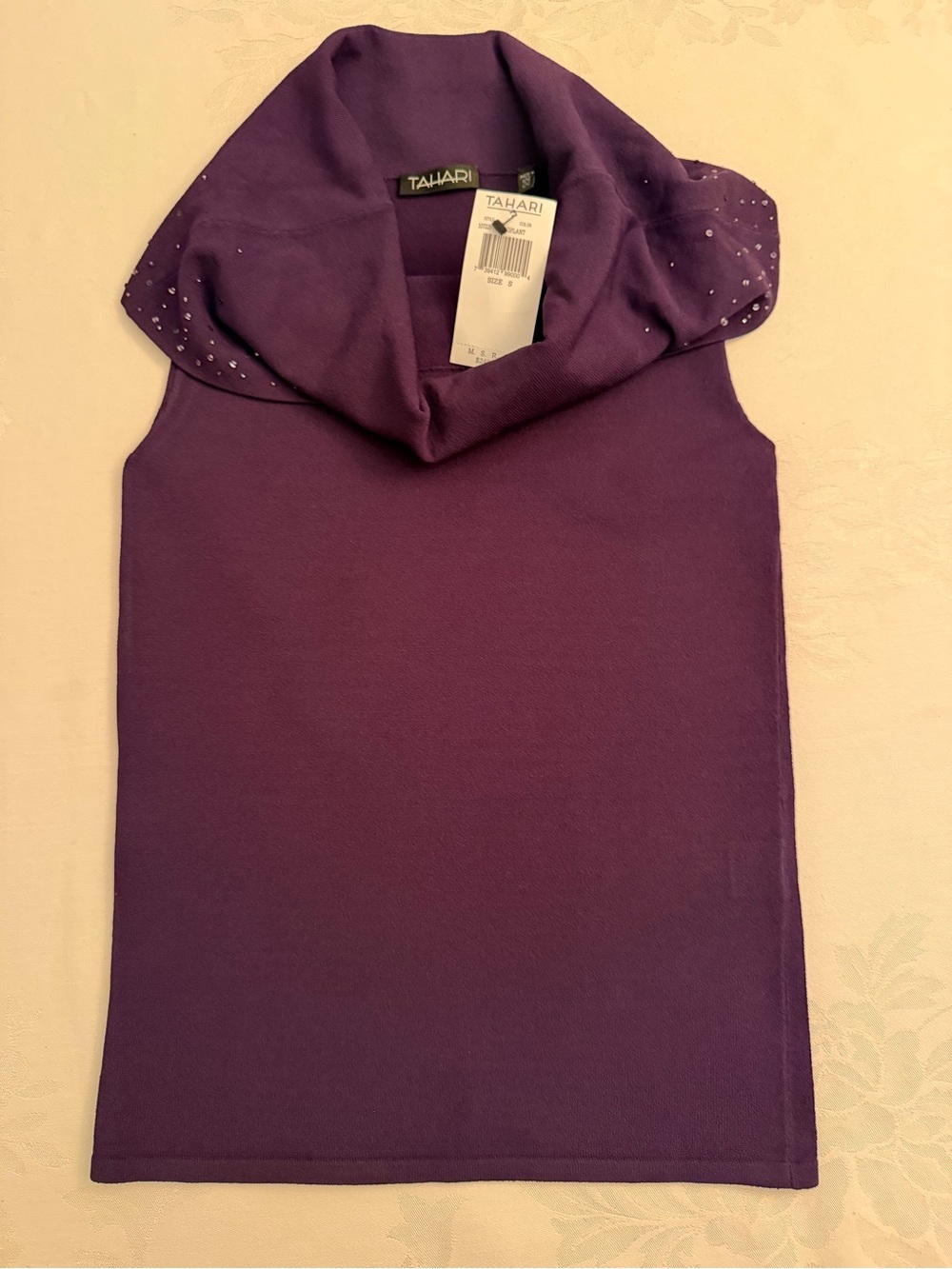 Tahari Plum Fold-Over Neck Sleeveless Top with Rhinestones